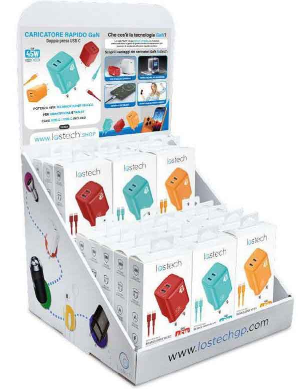 LS-ESC01 PZ.15 CARICATORE RAPIDO 45W 2 USB-C CAVO M.1,5 ROSSO-BLU-ARANC.