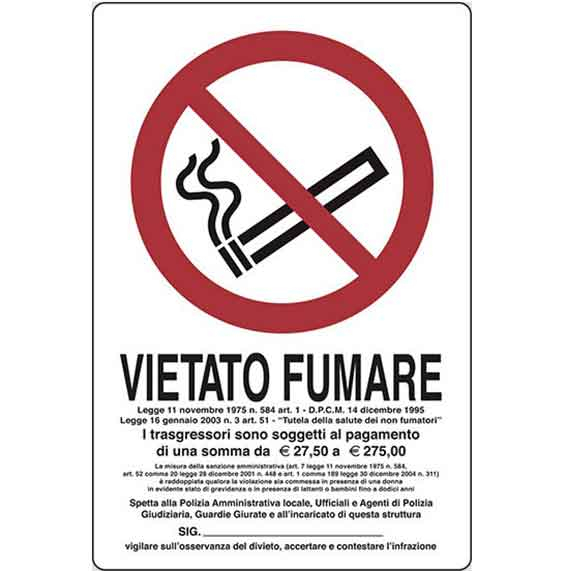 CARTELLI PL.30X20 VIETATO FUMARE Legge 11 nov.1975 n.58